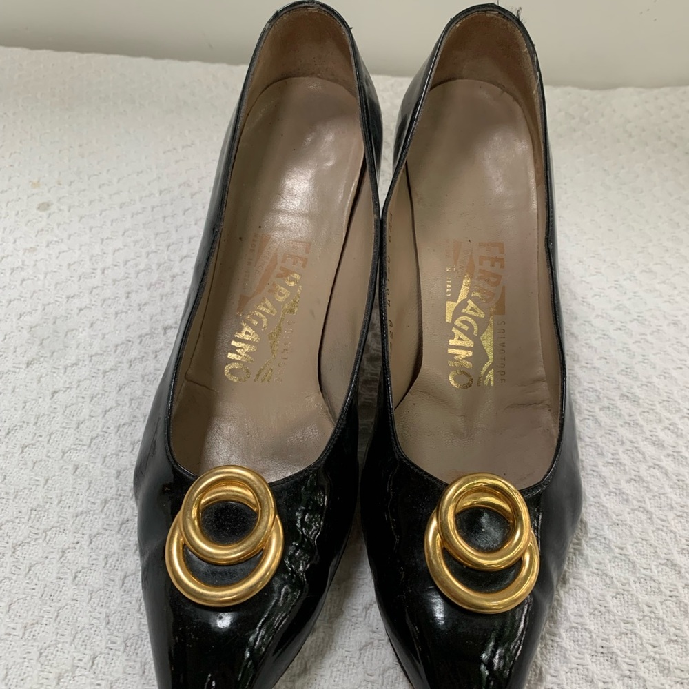 Salvatore Ferragamo Black Patent Leather Pumps with Gold Accents 6 1/2 B